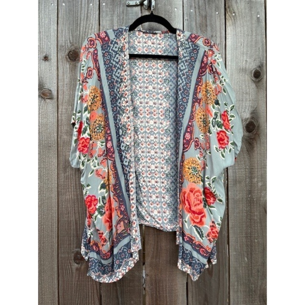Angie Floral Print Kimono Open Front Cover Up Bohemian Style Cardigan Med/Large